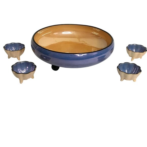 VTG Noritake Lusterware Hand Painted Footed Blue Peach Japanese Bowl 4 Salt Dips - Picture 3 of 11